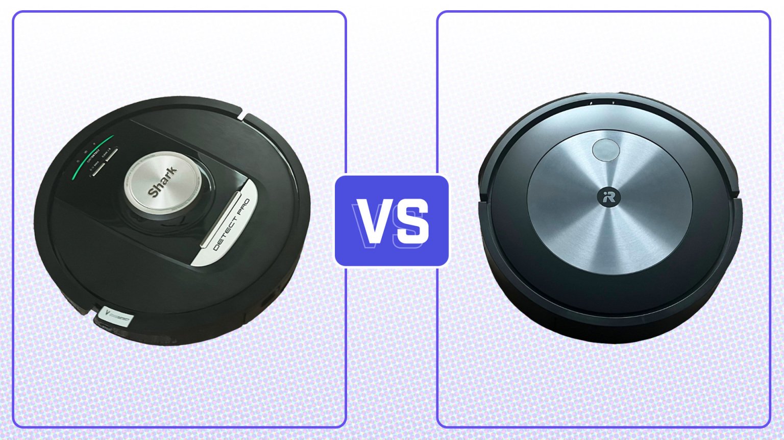 Shark Detect Pro robot vacuum and Roomba Combo j5+ robot vacuum on patterned background with "VS" graphic separating photos