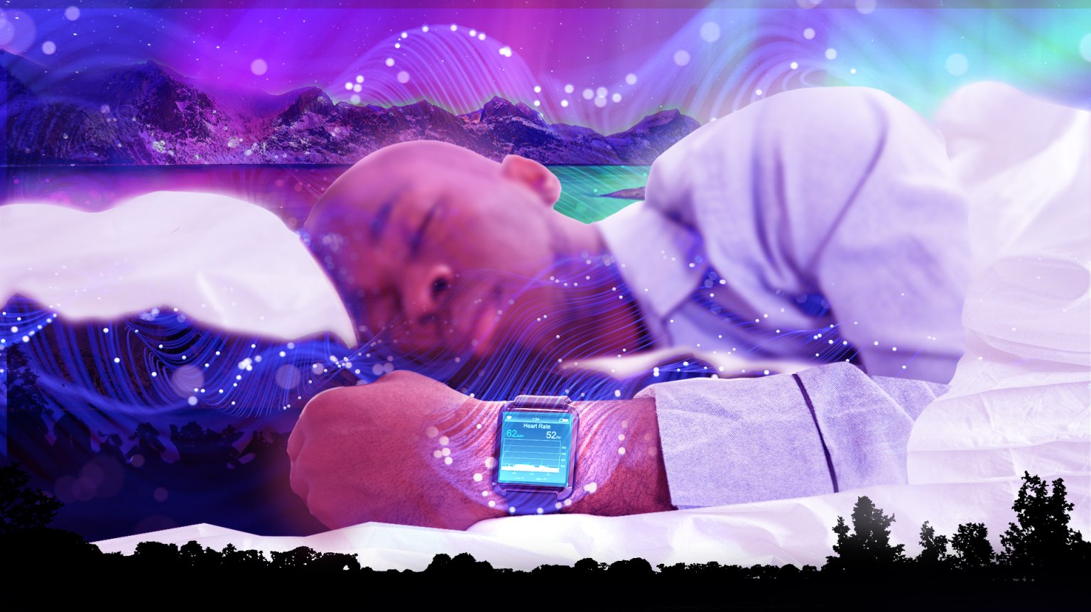 A person sleeping while wearing a sleep tracker surrounded by a dreamy graphics.