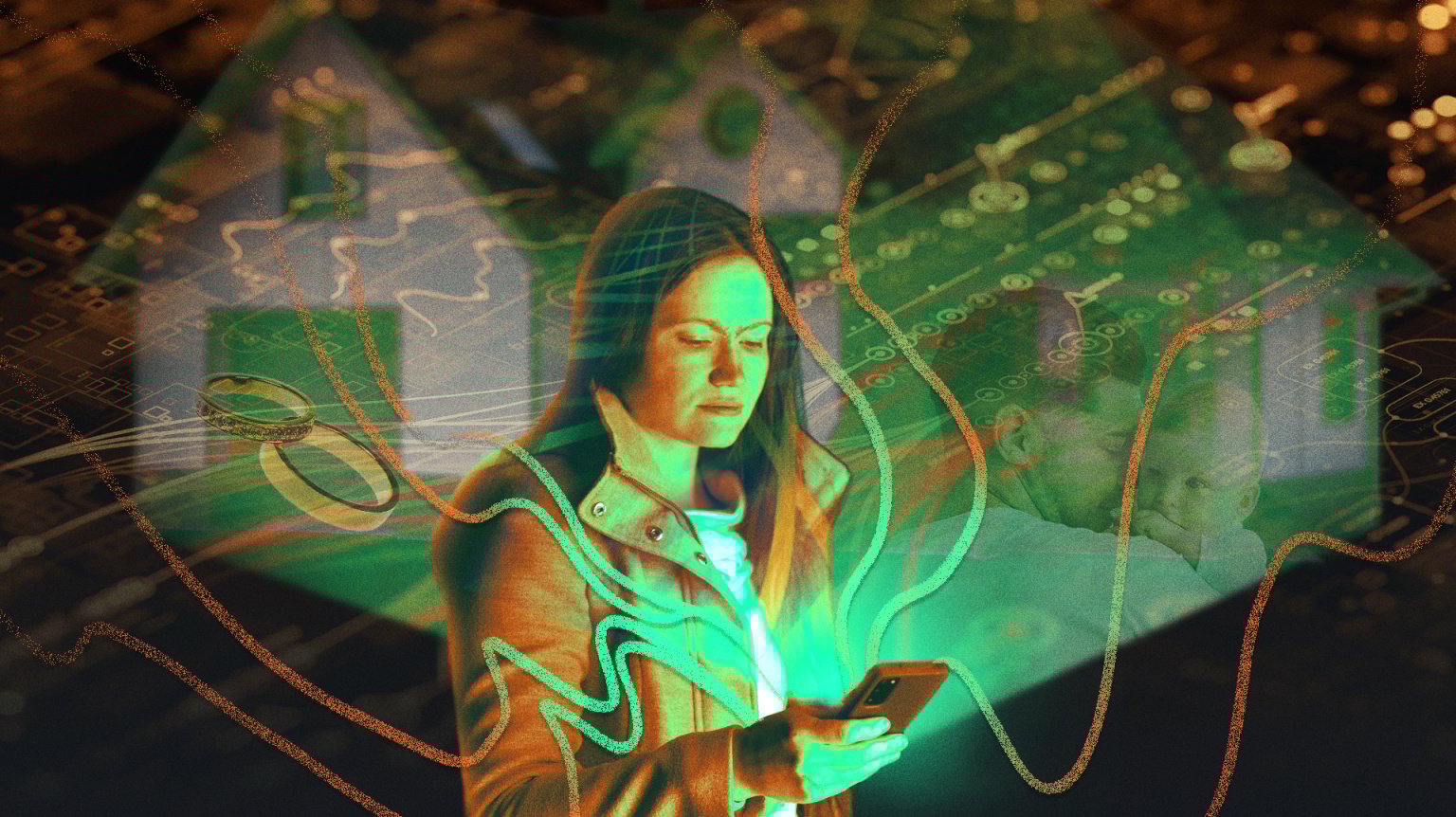 a woman looking at her phone surrounded by life stage symbols: a house, wedding rings, and a baby