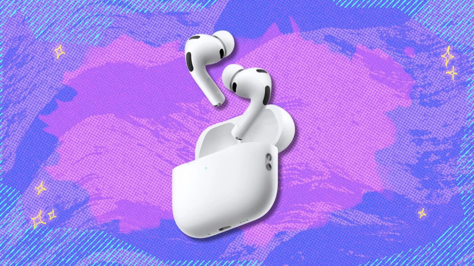 airpods pro 3 against a purple patterned background