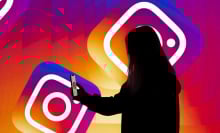 A young person looks at their phone, with an Instagram logo in the background.
