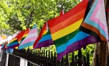 Pride flags on the fence at the Stonewall National Monument in Christopher Park, New York.