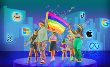 A group of people waving a Pride flag, with tech companies logos in the background.