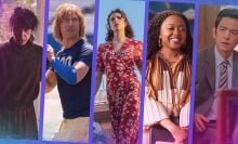 Five images from TV and movies streaming this week bordered with bright purple and blue.