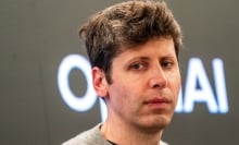 Sam Altman looking pensive before an OpenAI logo.