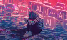 A young girl curls up out of fear, with a large keyboard as her backdrop.