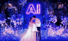 wedding couple kissing over cake with 'AI' looming over them