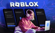 Girl looks at a computer; behind her are phone screen examples of Roblox's age estimation. 