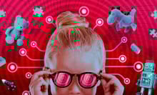Girl wearing sunglasses with toys and circuits illustrated behind her head.