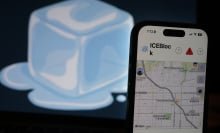 A large illustration of an ice cube behind an iPhone displaying the ICEBlock app.