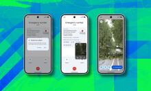Three phone screens side by side, showing the steps of sharing live video with an emergency call. The third shows the caller's live video feed.