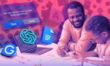 Parent at desk with child who is writing. Superimposed are tech logos for products that can help kids spell.