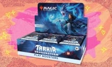 The Magic: The Gathering Tarkir: Dragonstorm - Play Booster Box on an orange and pink background