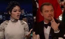 A side-by-side image shows a woman on a talk show and a man sitting at a table at an awards show.