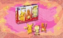 the MEGA Pokémon Building Toys Set Kanto Region Trio with its box on a pink and orange background