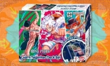 The One Piece Card Game's Learn Together Deck Set on a green and orange background