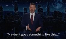 A man stands on a talk show stage. The caption at the bottom reads, "Maybe it goes something like this..."