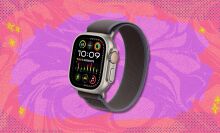 apple watch ultra 2 against a pink and purple patterned background