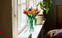 lego tulip bouquet in a vase on a windowsill