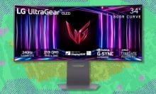 The LG 34GS95QE 34-inch Ultragear OLED Curved Gaming Monitor on a green background