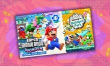 super mario bros. wonder nintendo switch 2 edition + meetup in bellabel park cover against a pink and purple patterned background