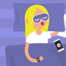 Illustration of a woman in bed with a phone and a smart watch