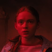 Actress Sadie Sink, who plays Max on "Stranger Things," looks panicked as she confronts Vecna in the Upside Down.