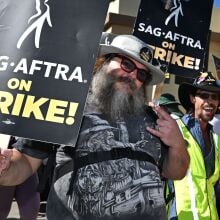  US actor Jack Black joins SAG-AFTRA members and their supporters as they walk a picket line outside Paramount Studios during their strike against the Hollywood studios, in Los Angeles, California, on November 8, 2023. The union representing striking actors said on November 6, 2023, it could not agree to studios’ “last, best and final offer” issued over the weekend in a bid to end a months-long stalemate that has crippled Hollywood.