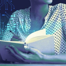 Woman writes in a paper journal, with computer circuits overlaid.