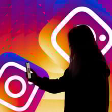 A young person looks at their phone, with an Instagram logo in the background.