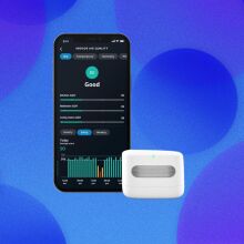 An Amazon Smart Air Quality Monitor appears on a blue bubble background.