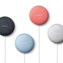 Four mini Google Nests pictured against a white background.