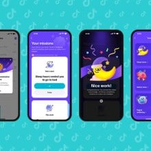 Four phone screens display new emotional well being features, including illustrated goal badges in the shape of cartoon moons, flowers, and rocket ships.