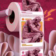 Roll of toilet paper illustrated with an image of 'The Thinker' sculpture. 