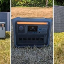 portable power stations from EcoFlow, Anker, and DJI in separate photos while they all sit in a grassy yard.