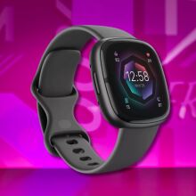 fitbit sense 2 fitness tracker against a pink patterned background