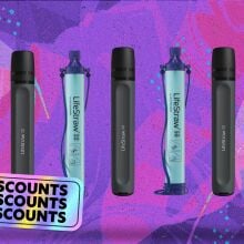 life straw water filters on purple background with sticker that reads top discounts