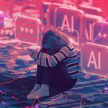 A young girl curls up out of fear, with a large keyboard as her backdrop.