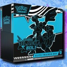 Pokémon TCG Black Bolt Elite Trainer Box on a blue and purple patterned background
