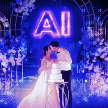 wedding couple kissing over cake with 'AI' looming over them