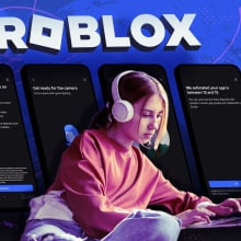 Girl looks at a computer; behind her are phone screen examples of Roblox's age estimation. 