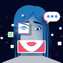 woman's crying face with screens of facial features superimposed on top