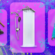 electric kettle, shower head, and luggage on abstract wintery background