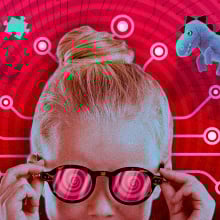 Girl wearing sunglasses with toys and circuits illustrated behind her head.