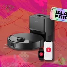 roborock q10 s5+ robot vacuum and mop against a pink and orange patterned background