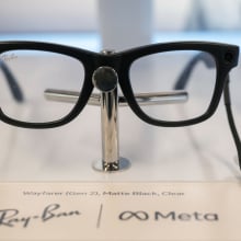 A pair of Meta AI glasses in a retail store. 