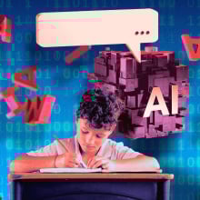 A boy sits at a desk writing on paper. Letters float behind his head. 