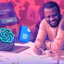 Parent at desk with child who is writing. Superimposed are tech logos for products that can help kids spell.