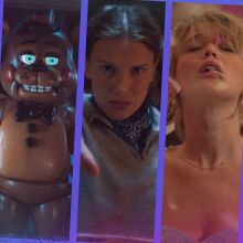 Composite of images from "Heated Rivalry," “Five Nights at Freddy’s 2,” "Stranger Things," "Die My Love," and "The Life of Chuck."