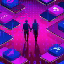 Two figures hold hands surrounded by icons denoting AI, dating apps. 